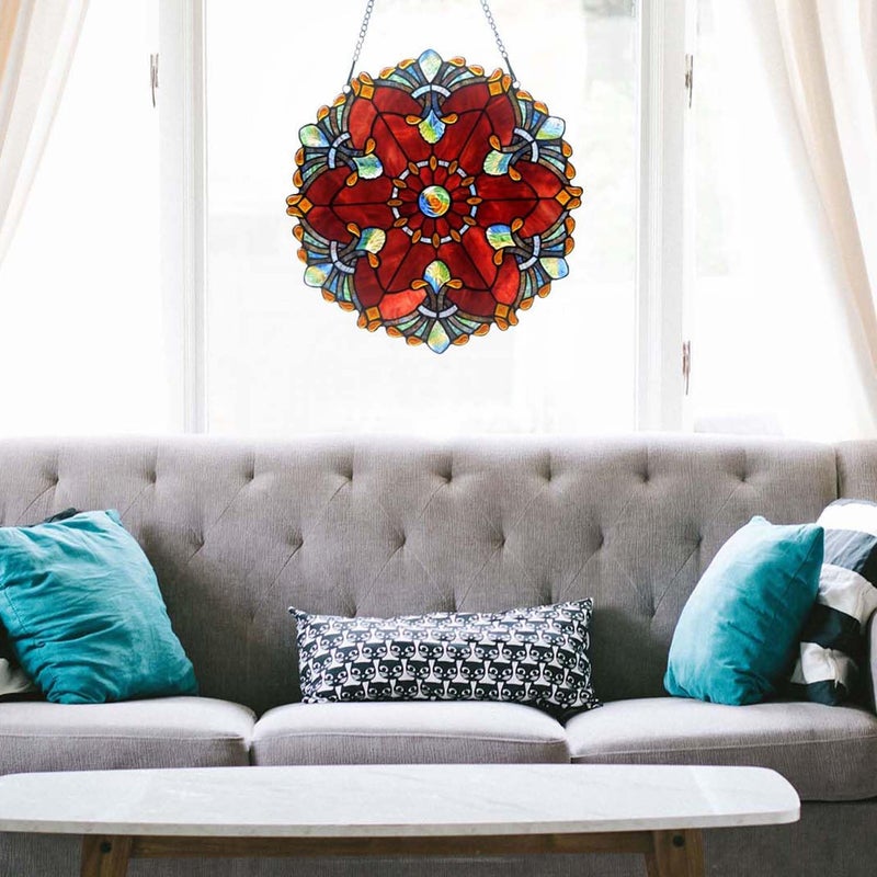 Bieye W10041 Baroque Tiffany Style Stained Glass Window Panel with Chain, 18-inch Wide Round Shape, Red - Image 2